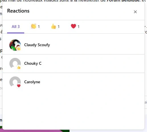 Illustration de la liste des réactions et des membres ayant réagis
