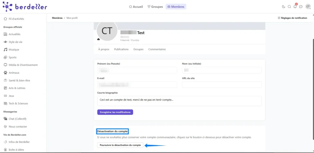 Illustration du bouton désactiver son compte